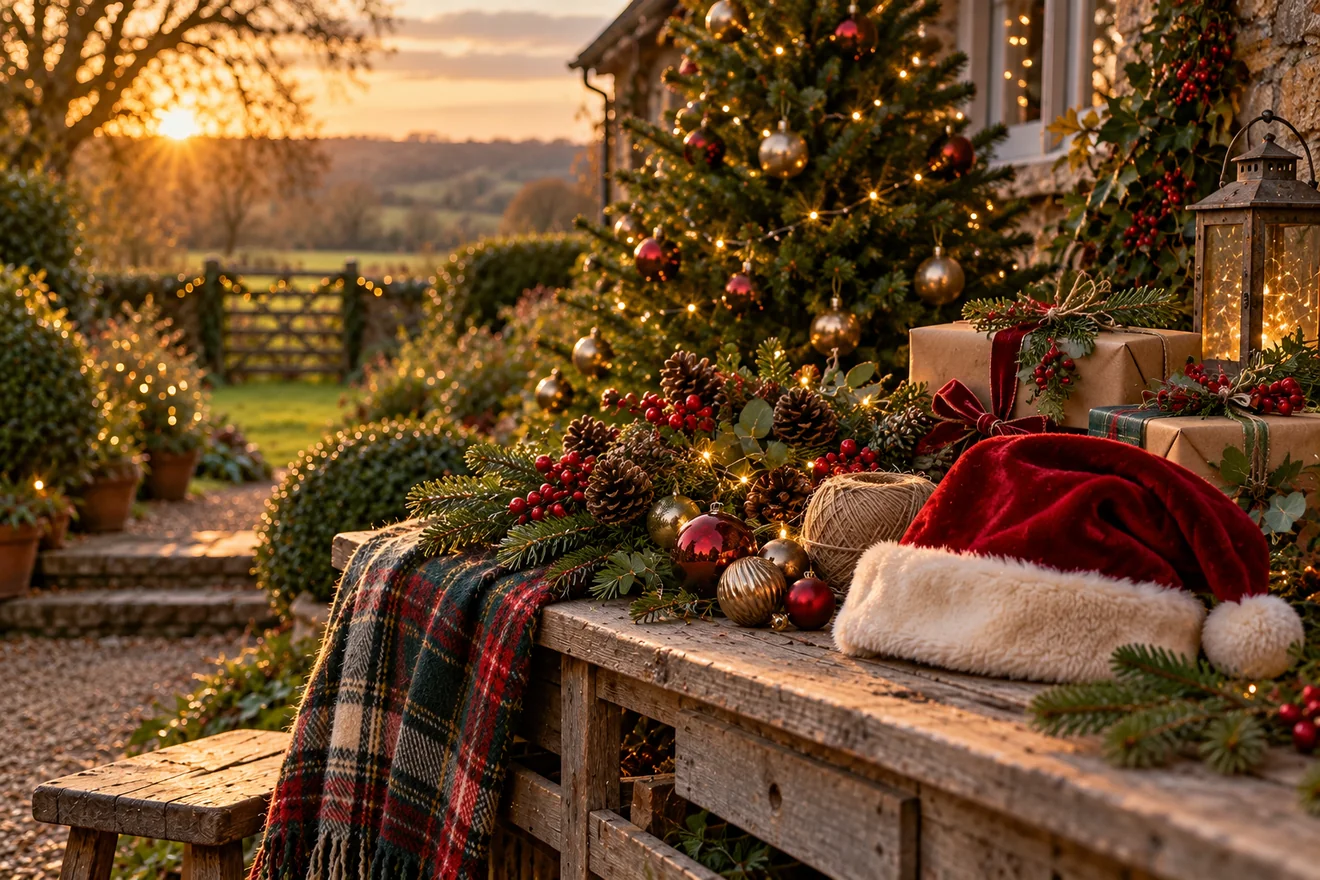 Santa hat, evergreen branches and wrapped gifts beside a decorated Christmas tree