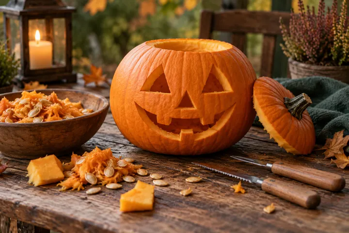 A carved pumpkin and carving tools