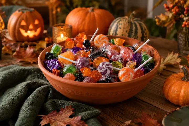 A bowl of wrapped Halloween sweets