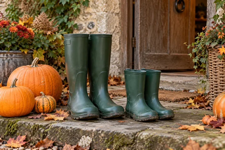 Green wellington boots beside pumpkins